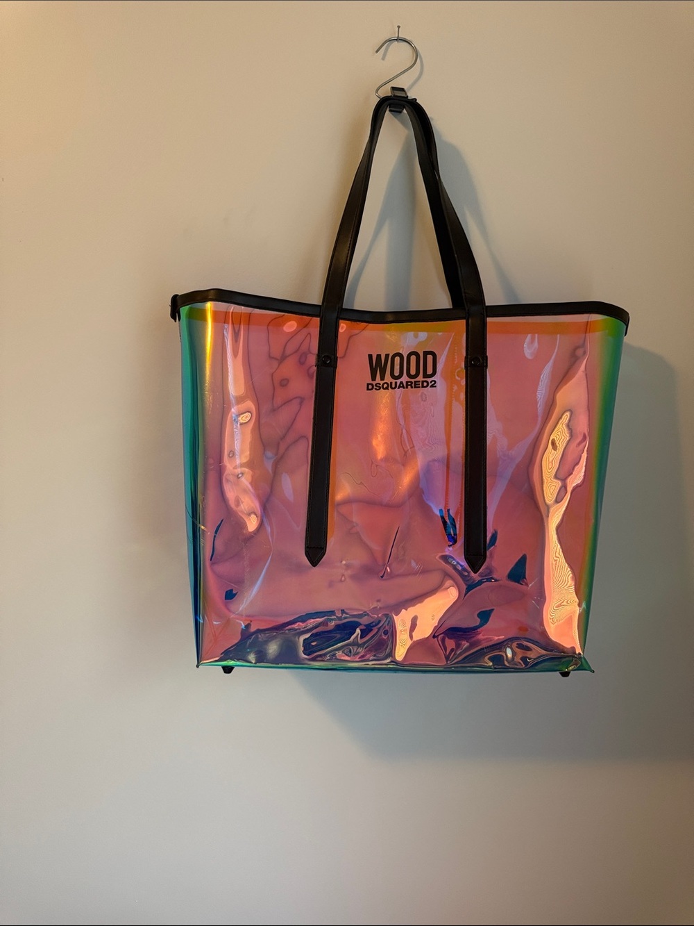 DSQUARED2 Iridescent Pink Holographic Tote with Black Straps